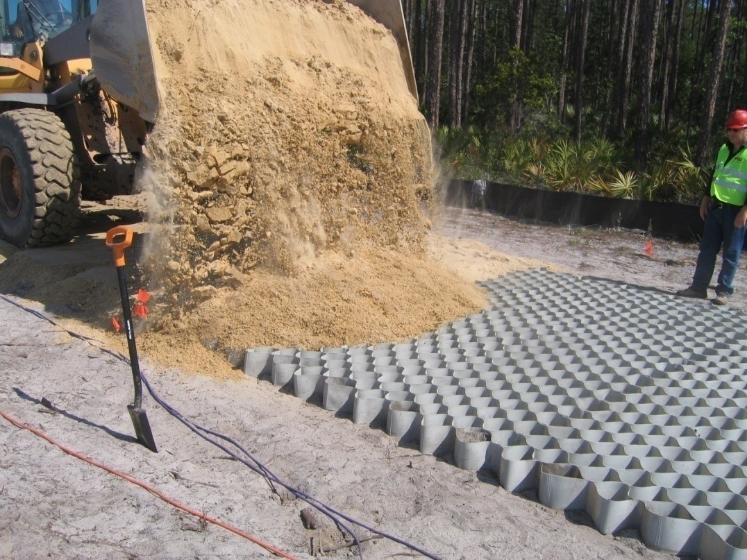 Geocell-reinforced road construction. Courtesy Jie Han, University of Kansas. Geocell-reinforced road construction. Courtesy Jie Han, University of Kansas.