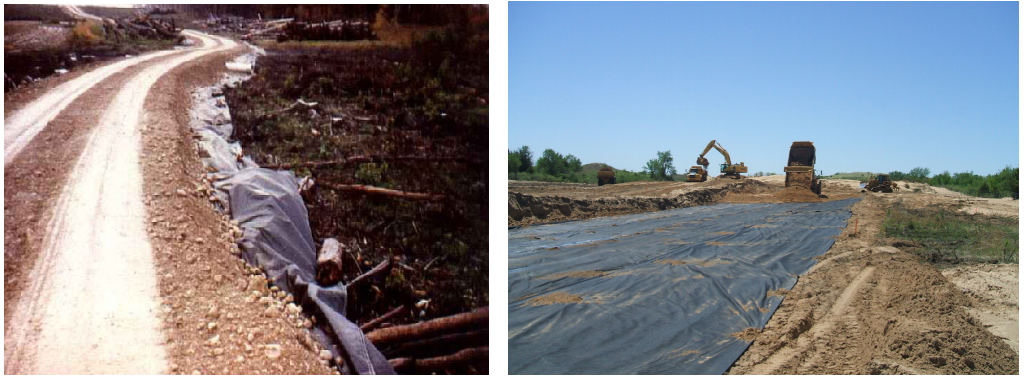 Temporary and unpaved roads (left , Courtesy of NHI) Placement of geosynthetic in roadway (right, Courtesy of Kansas Department of Transportation) Temporary and unpaved roads (left , Courtesy of NHI) Placement of geosynthetic in roadway (right, Courtesy of Kansas Department of Transportation)