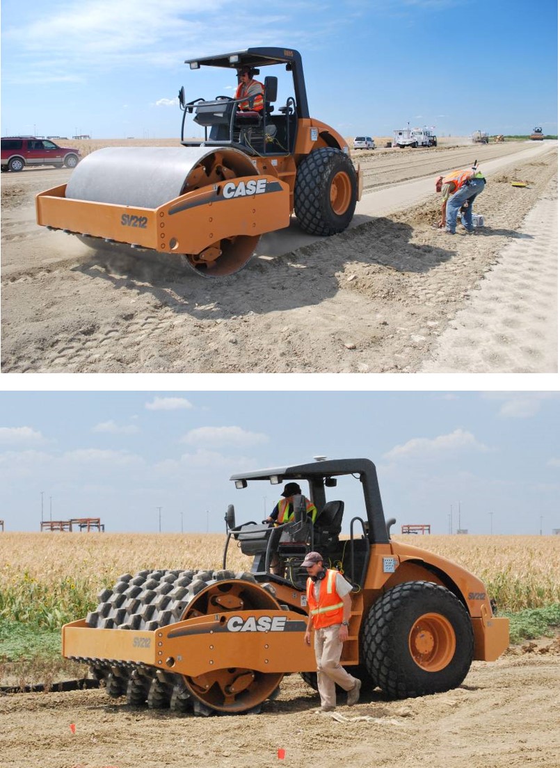 Case SV212 smooth drum and padfoot rollers equipped with roller-integrated ks measurement technology (uses AMMANN on-board display unit). (Courtesy of David White and Pavana Vennapusa of Iowa State University.) Case SV212 smooth drum and padfoot rollers equipped with roller-integrated ks measurement technology (uses AMMANN on-board display unit). (Courtesy of David White and Pavana Vennapusa of Iowa State University.)