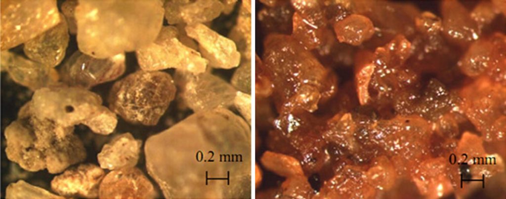 Left: Light microscope photos of untreated sand. Right: sand treated with the iron based biocement (Photos courtesy of Chu et al. 2011, with permission from ASCE). Left: Light microscope photos of untreated sand. Right: sand treated with the iron based biocement (Photos courtesy of Chu et al. 2011, with permission from ASCE).