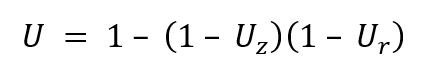 Equation: U is equal to one, minus, the product of, one minus U sub z, times, one minus U sub r.
