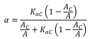 Equation: Alpha is equal to the following ratio. The numerator is equal to K sub alpha C, times, the term one minus the ratio of A sub C, over A. The denominator is equal to the sum of, the ratio of A sub C, over A, plus, K sub alpha C times the term one minus the ratio of A sub C, over A.