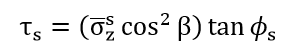 Equation: Tau sub s is equal to the product of, sigma bar sub z raised to the s power, times cosine squared beta, times tangent phi sub s.
