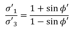 Equation: The ratio of Sigma prime sub 1 over Sigma prime sub 3 average is equal to the ratio of, 1 plus sine phi prime, over, 1 minus sine phi prime.