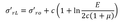 Equation: Sigma prime sub rL is equal to the sum of, Sigma prime sub ro; plus; the product of c times the sum of, 1 plus the natural log of the ratio of, E, over the product of 2, times, c, times, the sum of 1 plus mu.