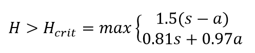 Equation: H is greater than H sub crit; and H sub crit is equal to the maximum of either the product of 1.5 times the quantity of s minus a, or the sum of 1.15 times s prime plus 1.44 d.