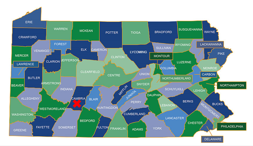 Counties of Pennsylvania, with location of Western Reservoir in Cambria County marked with red X. Source: PennDOT (2023). Modified by M. Bennett.
