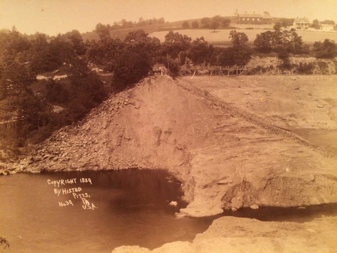 Black and white photograph of remnants of South Fork Dam