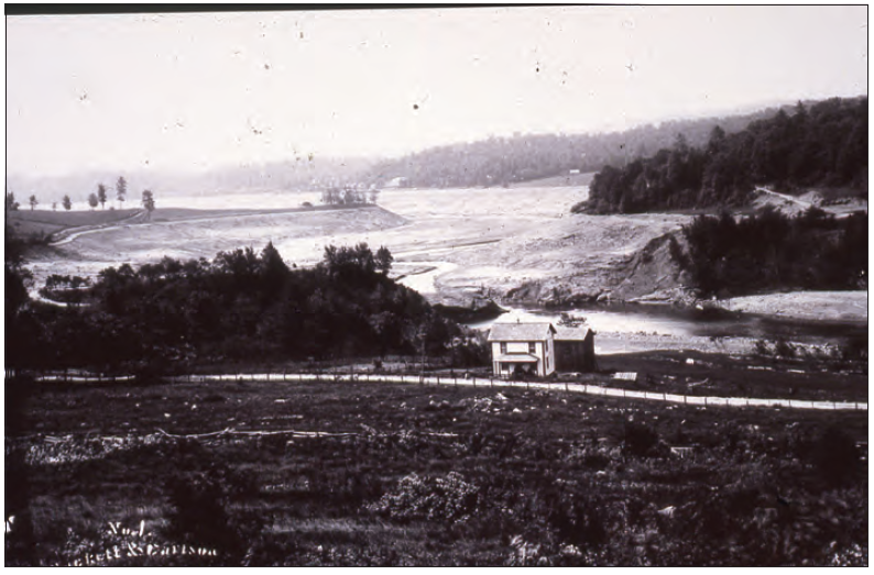 Black and white photo of former bed of Lake Conemaugh