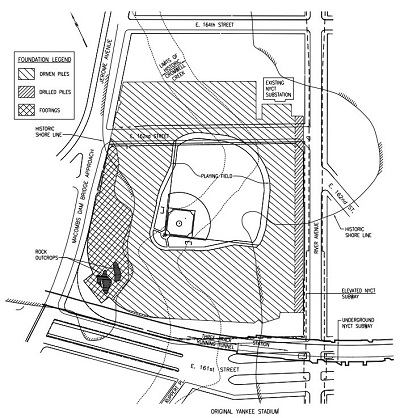 Computer-rendered line diagram of the site of the 2009 Yankee Stadium.
