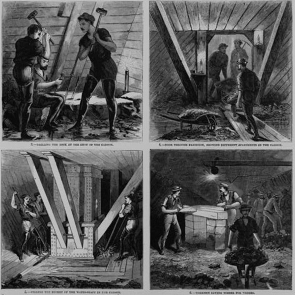 Four black and white illustrations of the excavations
