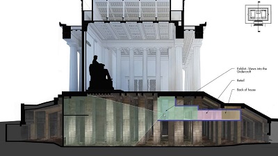 Cutaway diagram of Lincoln Memorial and its undercroft, viewed from the north side, showing the planned museum. planned